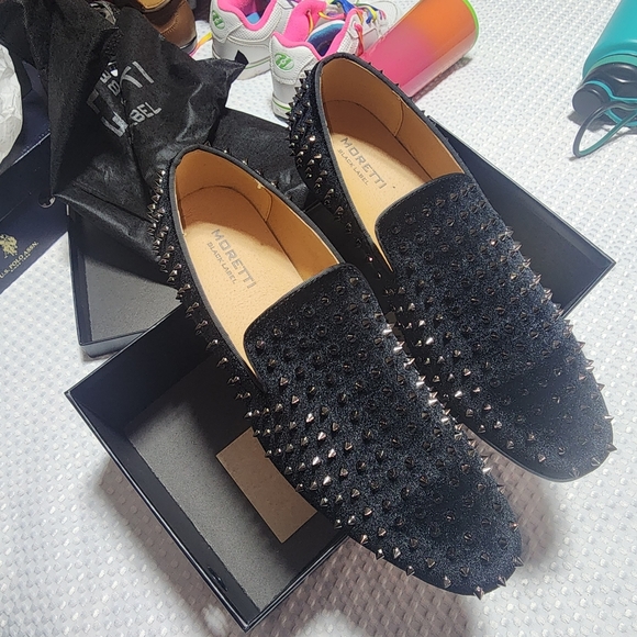 MORETTI BLACK LABEL NIB MENS SZ 12M SILVER STUDDED SPIKED LOAFER SHOES
